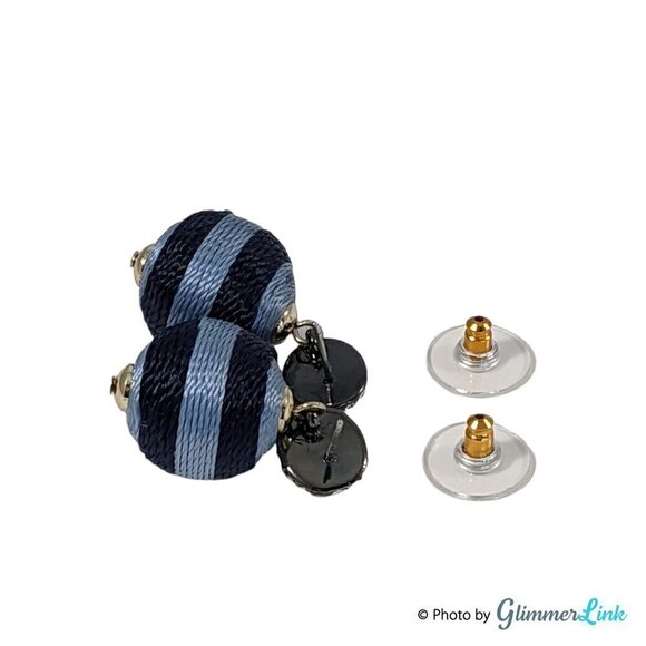 Blue Striped Thread Wrapped Ball Bead Bon Bon Dangle Earrings With Pave Studs - Picture 5 of 8